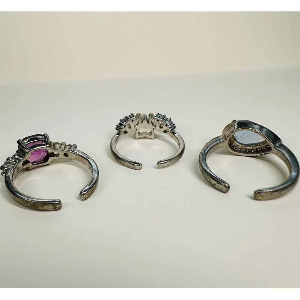 Bomb Party 3Pc Adjustable Ring Lot Size 4/5 Pink Blue Rhodium Heavy Wear